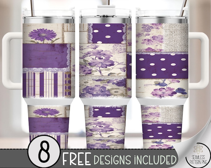 Purple Floral Patchwork 40 oz Tumbler Wrap, Sublimation Design, Digital Download, B10497