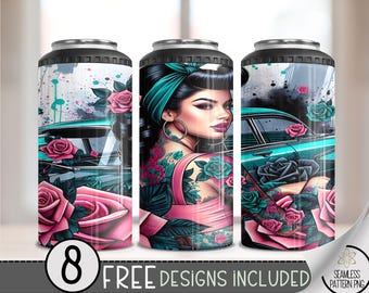 Chicana 4 in 1 Can Cooler Wrap, Mexican 4in1 Tumbler PNG, Floral Latina 16 Oz Can Cooler Sublimation Design, Lowrider Art Hard Can Wrap
