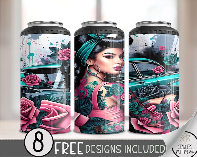 Chicana 4 in 1 Can Cooler Wrap, Mexican 4in1 Tumbler PNG, Floral Latina 16 Oz Can Cooler Sublimation Design, Lowrider Art Hard Can Wrap