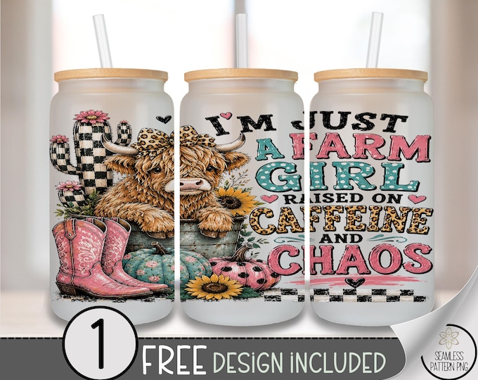 Highland Cow Farm Girl 16 oz Glass Tumbler Sublimation Design, Caffeine Chaos PNG File, Digital Download, B10345