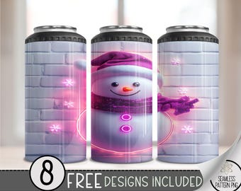 Neon Snowman 4 In 1 Can Cooler Tumbler Wrap, Unique Winter Sublimation Design, Seamless Brick 16 Oz Can Cooler Sublimation Design PNG