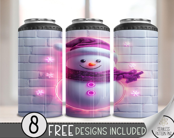 Neon Snowman 4 In 1 Can Cooler Tumbler Wrap, Unique Winter Sublimation Design, Seamless Brick 16 Oz Can Cooler Sublimation Design PNG