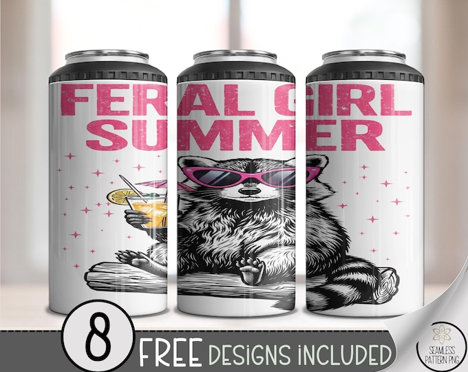 Feral Girl Summer 4in1 Can Cooler Wrap, Raccoon Sublimation Design, Retro 16 oz 4-in-1 File, B10209