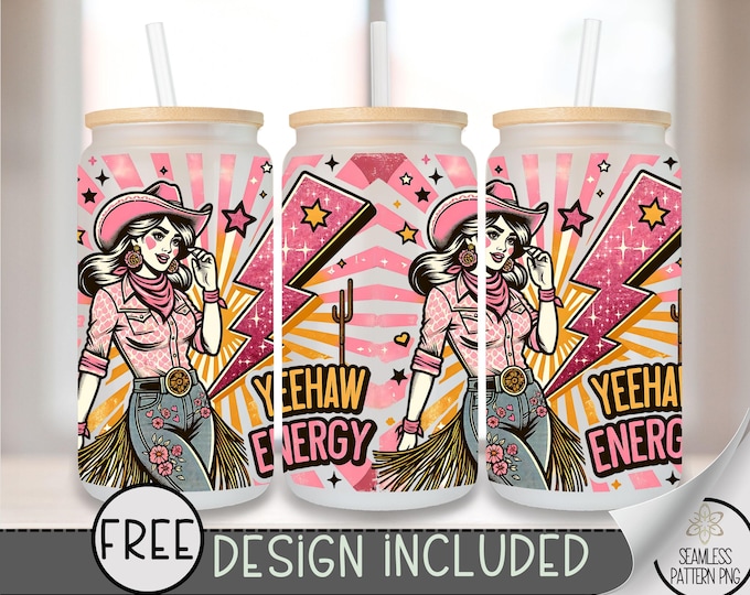 Yeehaw Energy 16 oz Glass Can Wrap, Fun Western Sublimation PNG, Retro Cowgirl Lightning Bolt Design File, Western Glam Pop Art Design, A329