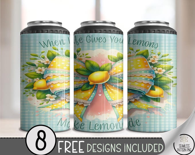 When Life Gives You Lemons 4-in-1 Can Cooler Wrap PNG, Cute Yellow Bow Citrus Lemonade Sublimation, Summer Floral Gingham, A332