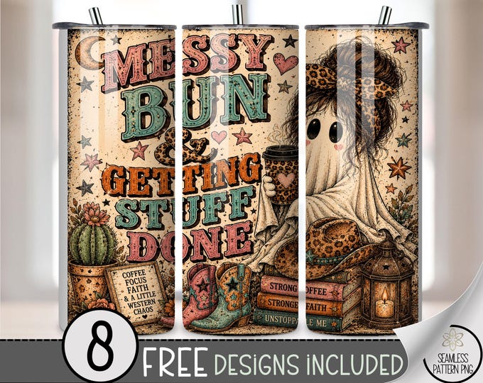 Messy Bun Ghost 20 oz Tumbler Wrap, Sassy Sublimation Design for Straight Tumblers, Retro PNG Files, Digital Download, B10395