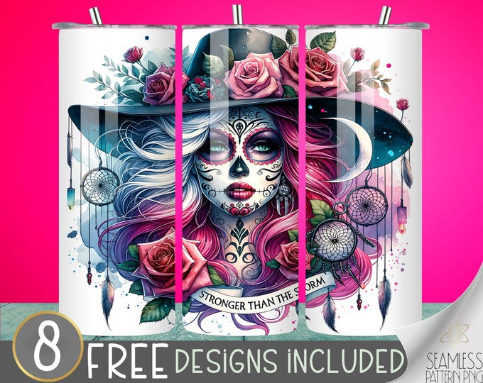 Stronger Than The Storm Tumbler Wrap, Boho Girl 20 oz Skinny Sublimation PNG Design, Neon Mandala Tumbler Wrap, Tattooed Girl Tumbler Wrap