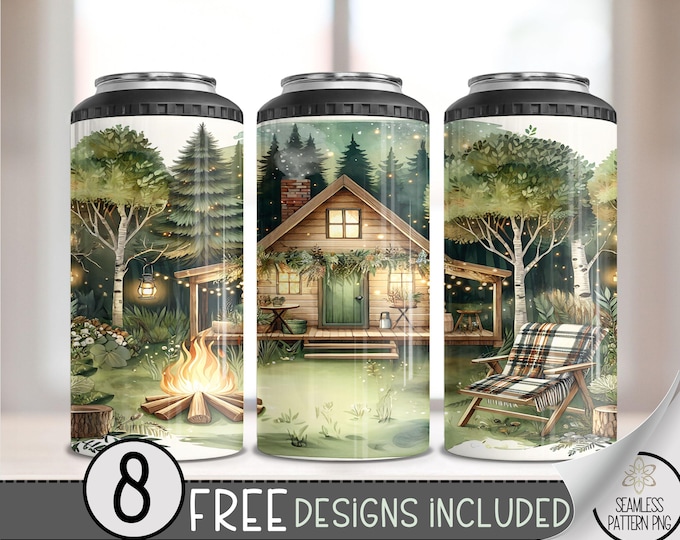 Cottagecore 4 in 1 Can Cooler Wrap,Glamping Cabin 16 Oz 4in1 Tumbler Sublimation Design, Outdoor Adventure Can Wrap PNG,Cozy Rustic Download
