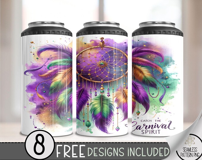 Mardi Gras 4 in 1 Can Cooler Wrap, Western Tumbler Wrap Fleur De Lis 4in1 Tumbler PNG, Colorful Mask 16 Oz Can Cooler Sublimation Design