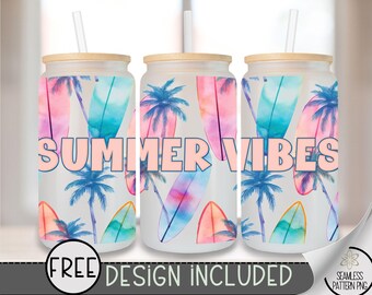 Summer Vibes 16 oz Glass Can Wrap PNG, Surfboard Palm Tree Sublimation Design, Tropical Drink Wrap for Beach Glass Can Tumbler Crafts, A287