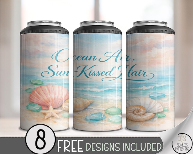 Beach Scene 4-in-1 Can Cooler Wrap, Seashells Sublimation Design, Coastal 16 oz 4-in-1 File, B10216