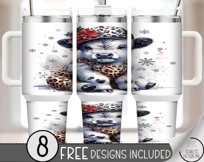 Christmas Highland Cow 40 oz tumbler wrap: Leopard Print Sublimation Design, Festive PNG Files, Modern Christmas File A564