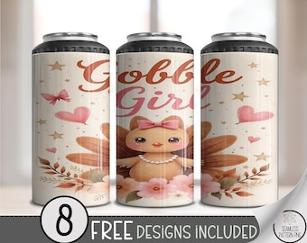 Girly Thanksgiving 4in1 Can Cooler Wrap, Cute Turkey Sublimation Design, Gobble Girl Can Cooler Turkey Wrap File, A520