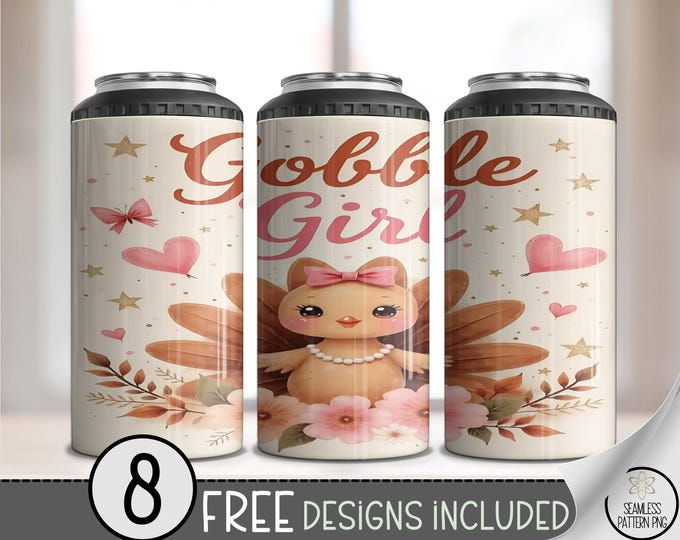 Girly Thanksgiving 4in1 Can Cooler Wrap, Cute Turkey Sublimation Design, Gobble Girl Can Cooler Turkey Wrap File, A520