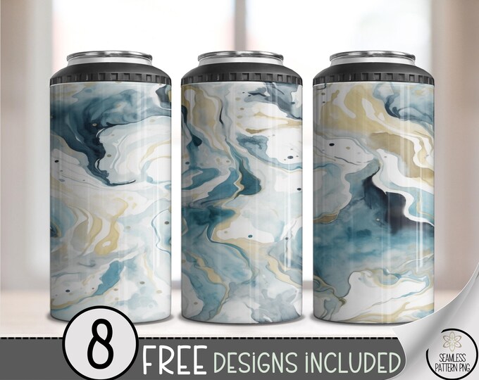 Blue Gold Marble 4 in 1 Can Cooler Wrap PNG, 16 oz Skinny Sublimation Design, Marble Beer Can Wrap, Tumbler Sublimation PNG File, A292