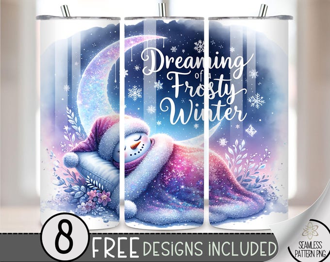 Cute Snowman Tumbler Wrap, Snowman Sublimation Tumbler Design, Winter Tumbler Wrap, Sleepy Snowmen 20Oz Skinny Wrap, Celestial Tumbler PNG