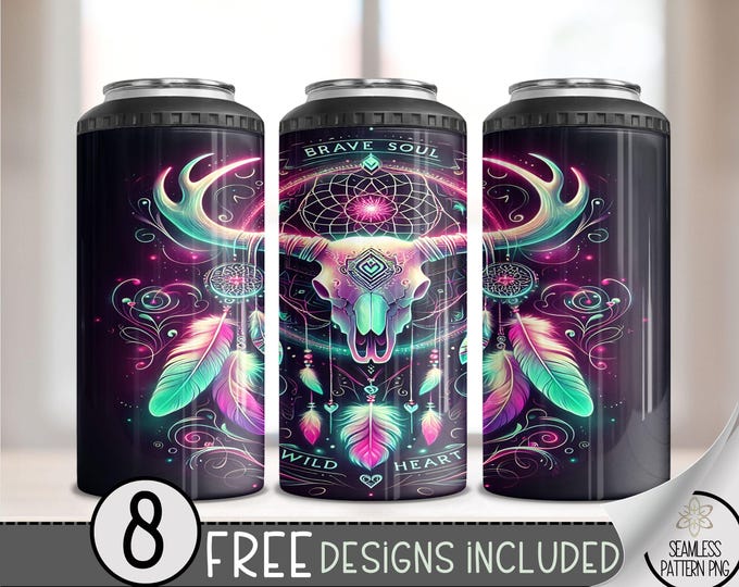 Neon Deer Skull 4 in 1 Can Cooler Wrap, Dreamcatcher 4in1 Tumbler PNG, Inspirational 16 Oz Can Cooler Sublimation Design Western Motivation