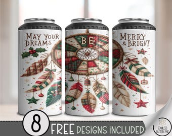 Patchwork Christmas Dreamcatcher 4in1 Can Cooler Wrap, Boho Quilt Xmas Design, Merry and Bright 16oz Can Design, A495
