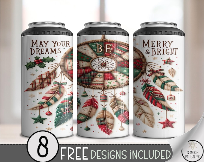 Patchwork Christmas Dreamcatcher 4in1 Can Cooler Wrap, Boho Quilt Xmas Design, Merry and Bright 16oz Can Design, A495