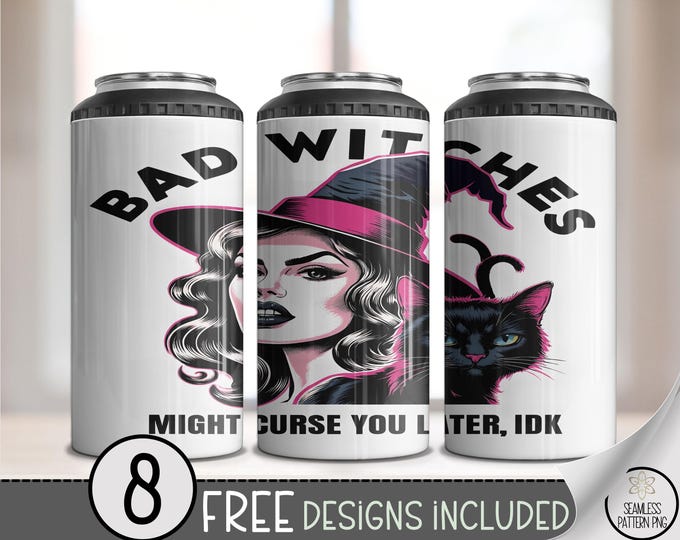 Vintage Bad Witch Can Cooler Wrap, Halloween Curse PNG, Gothic Witchy File, Spooky Drink Holder, 4 in 1 Design Set, A431