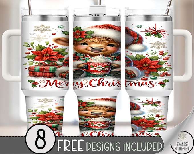 Cute Christmas 40 oz tumbler wrap: Xmas Highland Cow Sublimation Design, Holiday Coffee 40oz Tumbler Design, Merry Christmas PNG A500
