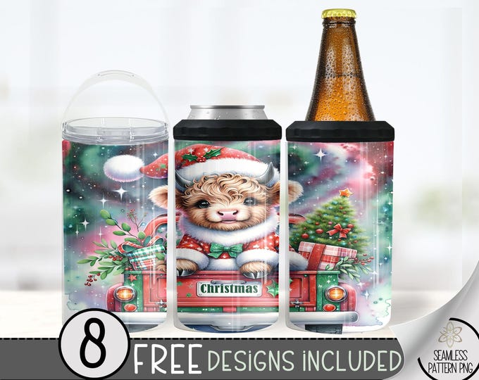 Seamless Christmas Highland Cow 4in1 Can Cooler Wrap, Winter Cow 16 Oz Can Cooler Sublimation Design, Xmas 4 in 1 Tumbler,Holiday Can Cooler