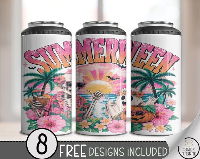 Summerween 4-in-1 Can Cooler Wrap, Halloween Skeleton Sublimation Design, 16 oz, Digital Download, B10388