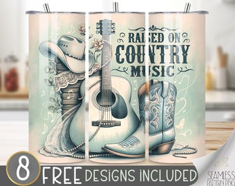 Raised On Country Music Tumbler Wrap, 90s Lace & Pearls Cowgirl Skinny Tumbler Sublimation Design, Cowgirl Tumbler PNG Digital Design