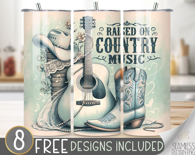Raised On Country Music Tumbler Wrap, 90s Lace & Pearls Cowgirl Skinny Tumbler Sublimation Design, Cowgirl Tumbler PNG Digital Design