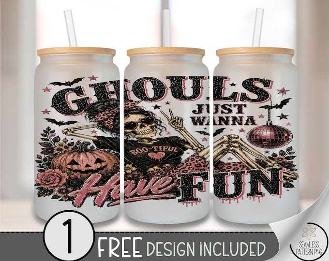 Halloween Glass Can Wrap, Ghouls Fun 16oz Glass Tumbler Sublimation Design, PNG File, Digital Download, B10349