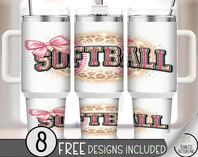 Softball Bow 40 oz Tumbler Wrap, Sporty Sublimation Design, Pink Leopard PNG File, Digital Download, B10171