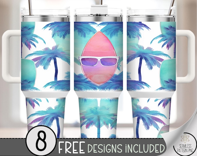 40 oz Summer Surfboard Wrap PNG, Tropical Palm Tree Skinny Tumbler Sublimation, Watercolor Beach Cup for Coastal Vibes PNG Design File A294