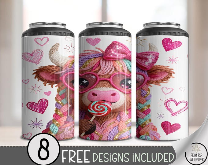 Faux Yarn 4-in-1 Can Cooler Wrap, Highland Cow Sublimation Design, Coquette Bow 16 oz 4-in-1 File, Digital Download, B10246