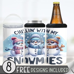 Snowman 4 In 1 Can Cooler Tumbler Wrap, Winter Sublimation Design, Funny 16 Oz Slim, Chillin Snowmies 16 Oz Can Cooler Sublimation Design