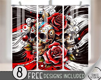 Floral Skull Tumbler Wrap, Sugar Skull 20oz Skinny Tumbler Sublimation Design, Rose Tumbler Wrap File, Gothic Digital Download
