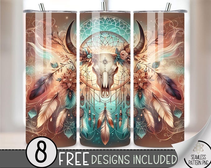 Boho Cow Skull Tumbler Wrap, Southwest 20oz Skinny Tumbler Sublimation Design, Western Tumbler Wrap File, Dreamcatcher Digital Download PNG