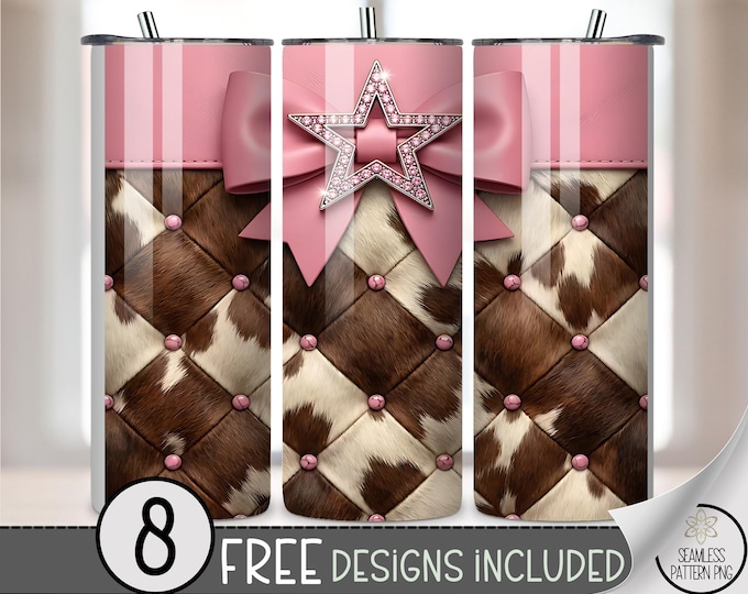 Pink Leather PNG Cowhide Tufted 20 Oz Tumbler Wrap, Glamorous Sublimation Design For Straight Tumbler, B984
