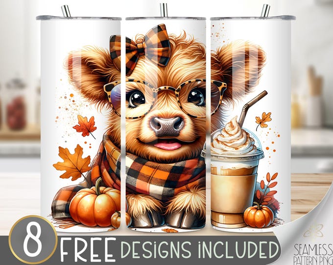 Cute Highland Cow Tumbler Wrap, Plaid 20 oz Tumbler Sublimation Designs, Cow Pumpkin Tumbler File, Autumn Highland Cow Tumbler Design