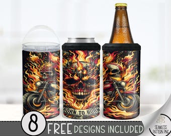 Motorcycle Can Cooler Wrap, Flaming Skull 16 oz 4-in-1 Cooler Sublimation, Biker Design File, Born To Burn Can Cooler PNG Wrap