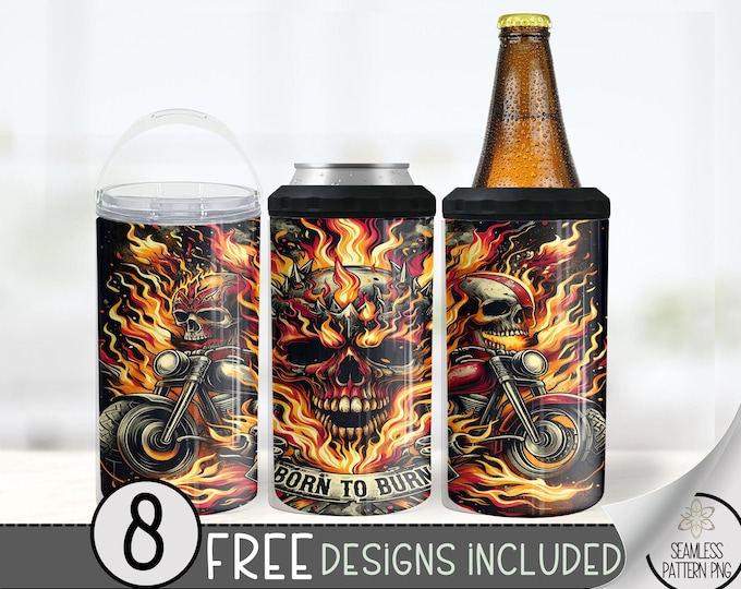 Motorcycle Can Cooler Wrap, Flaming Skull 16 oz 4-in-1 Cooler Sublimation, Biker Design File, Born To Burn Can Cooler PNG Wrap