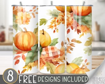 Autumn Floral Tumbler Wrap, Fall Pumpkin Seamless Design, Autumn Flower Sublimation Tumbler Design PNG, Watercolor 20 OZ Skinny Wrap PNG