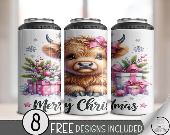 Seamless Christmas Highland Cow 4in1 Can Cooler Wrap, Holiday Highland Cow Sublimation Design, A584