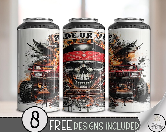 Ride Or Die PNG: Skull And Lifted Trucks Sublimation Digital Download For 4-in-1 Can Cooler Wrap Design, B834
