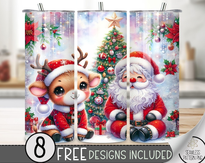 Cute Reindeer Santa Tumbler Wrap, Seamless Xmas Holiday Sublimation Design PNG, Santa Claus 20 OZ Sublimation Tumbler Design File