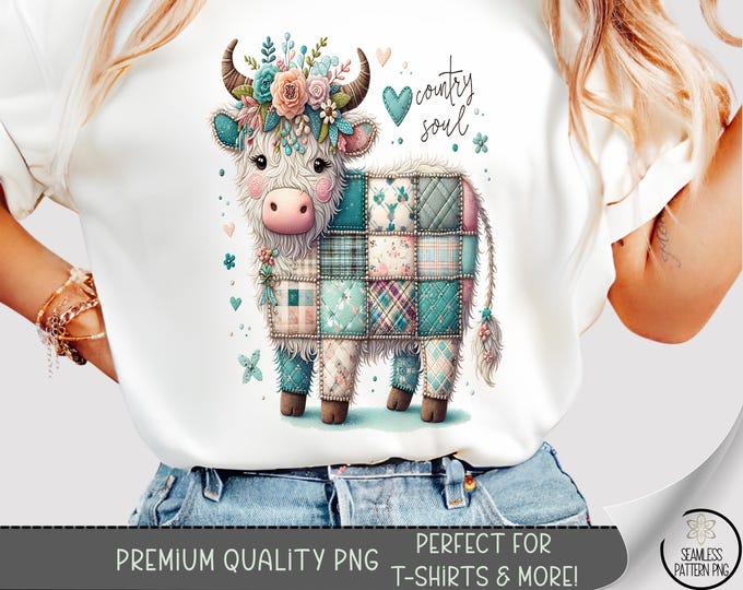 Patchwork Highand Cow T-shirt PNG, Quilted Cow Sublimation Design, Country Soul DTF Shirt Graphic, Vintage Farmhouse TShirt File, A498