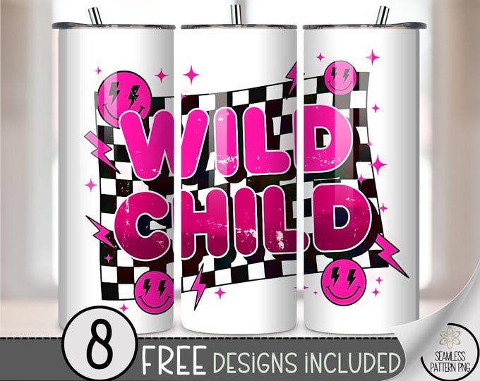 Wild Child Digital Download Sublimation Design For Skinny 20 oz Tumblers, Playful Retro 90s Style PNG, B705