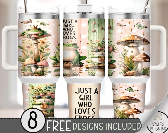Frog 40oz Tumbler Wrap Sublimation Design, Funny Frog Tumbler Wrap, Mushroom Cottagecore Nature Design, Frog 40oz Quencher Tumbler PNG, A72