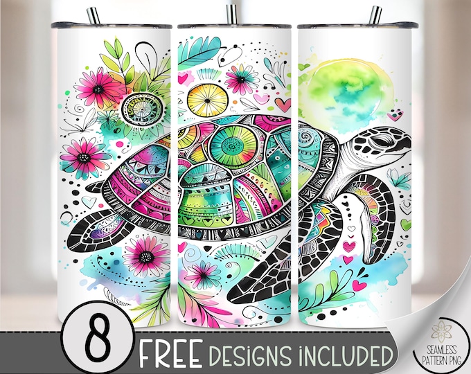Sea Turtle 20 oz PNG Tumbler Wrap, Cute Turtle Sublimation Design, Ocean Life Digital Download, Ocean Soul PNG, Boho Turtle Doodle File A204