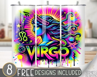 Neon Zodiac Tumbler Wrap, Virgo 20 Oz Skinny Tumbler Sublimation Design Astrology Sign, Zodiac Signs Tumbler PNG, Airbrush Astrology Tumbler