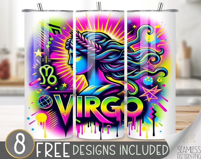 Neon Zodiac Tumbler Wrap, Virgo 20 Oz Skinny Tumbler Sublimation Design Astrology Sign, Zodiac Signs Tumbler PNG, Airbrush Astrology Tumbler